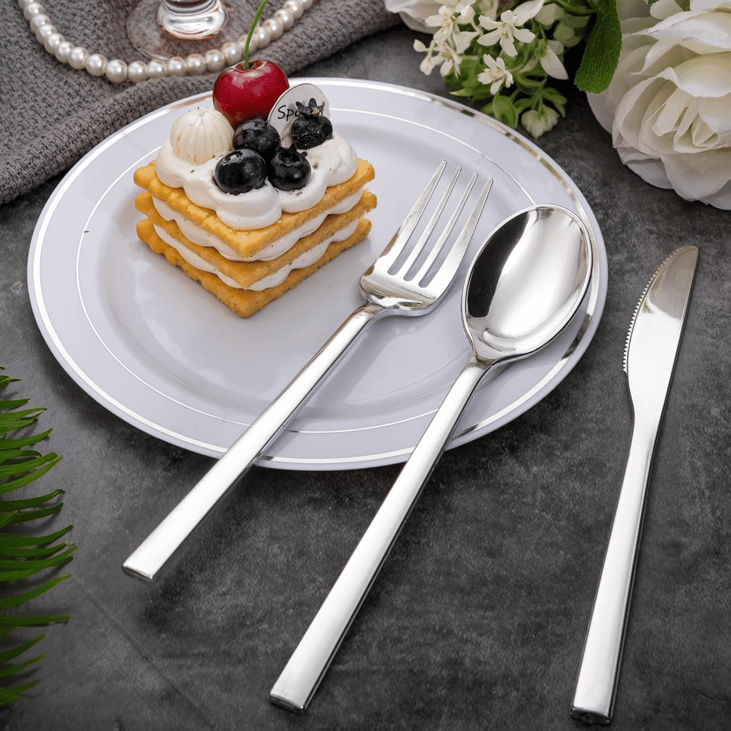 Silver Luxury Plastic Cutlery Set (180 Pieces) — view 9