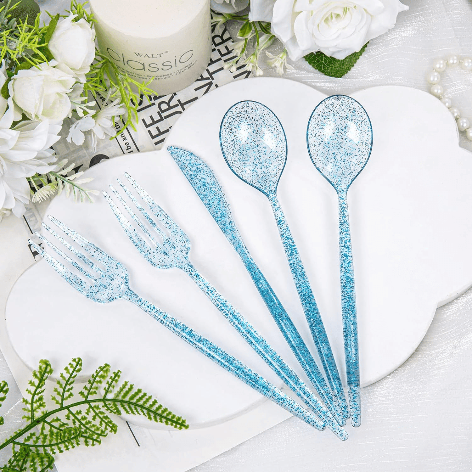 Clear Blue Glitter Plastic Cutlery Set (180 Pieces) — view 8