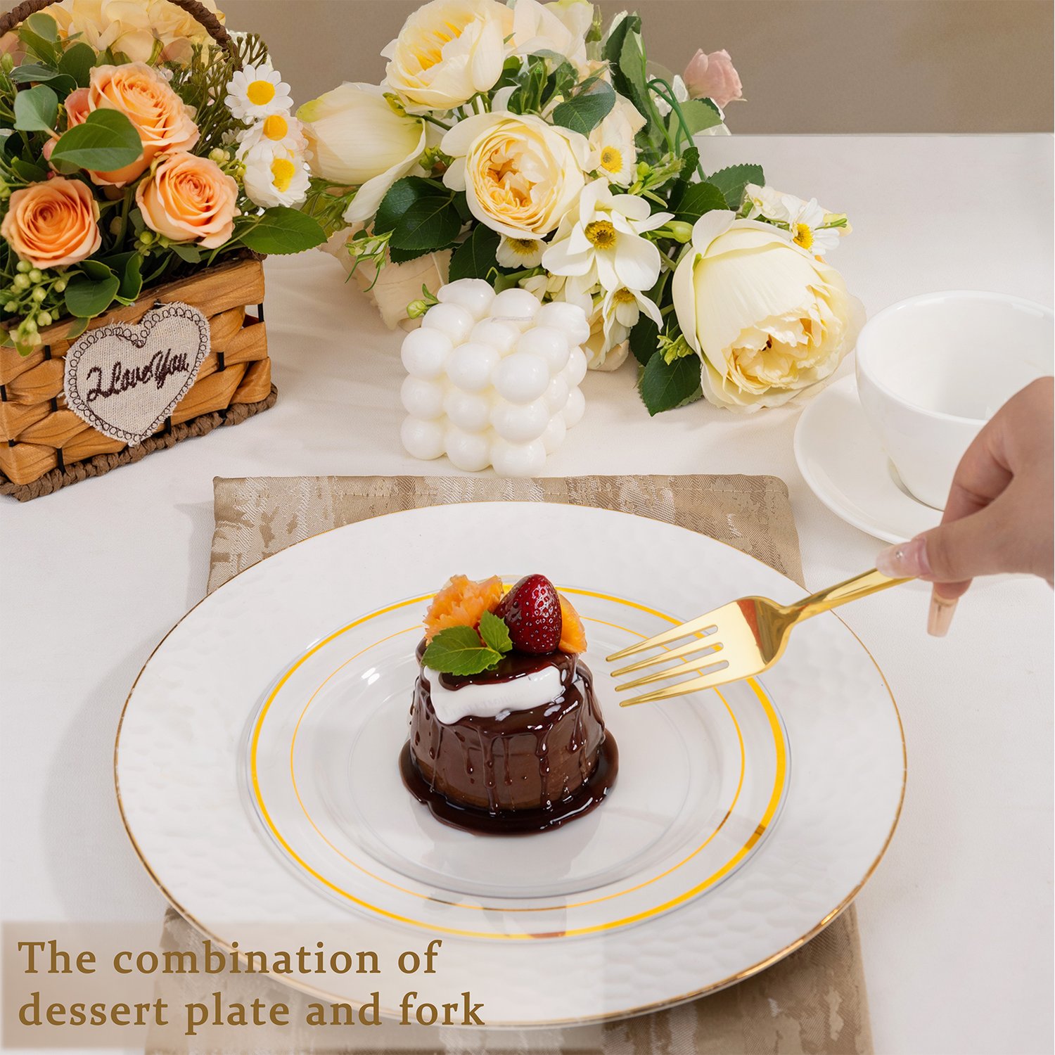 Clear & Gold Dessert Plates & Forks Set (144 Pieces) — view 4