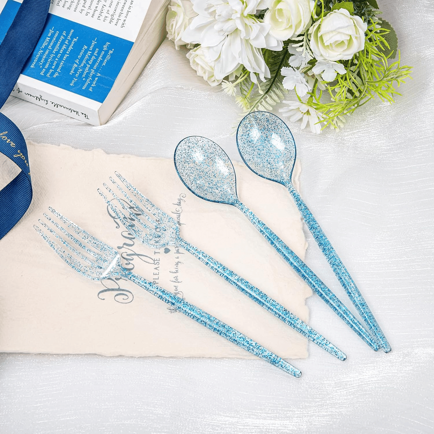 Clear Blue Glitter Plastic Cutlery Set (180 Pieces) — view 10