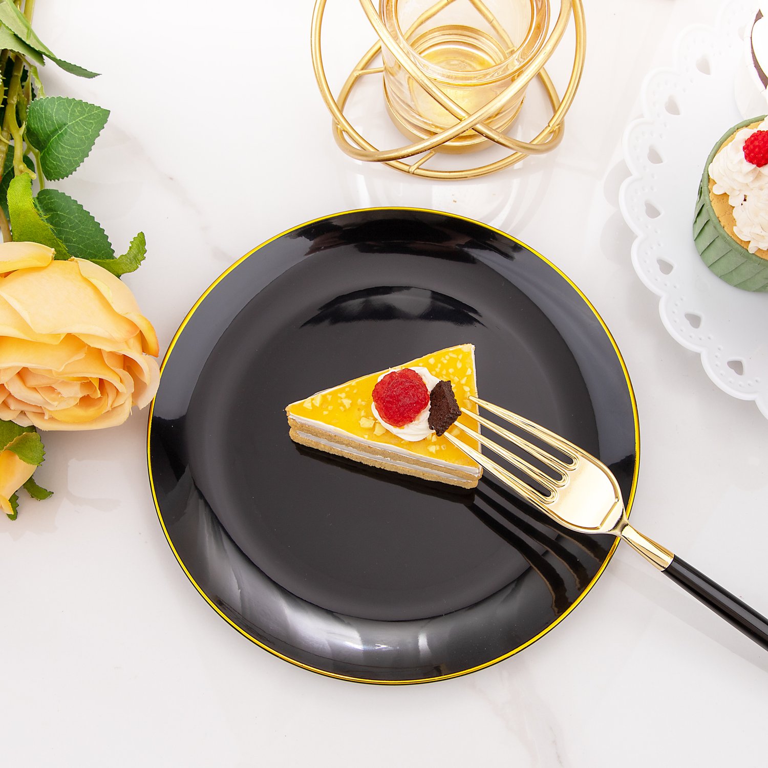 Black & Gold Dessert Plates & Forks Set (144 Pieces) — view 3