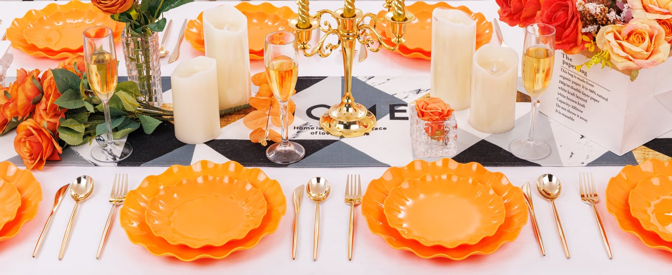 Orange LIYH Scalloped Plastic Plates Reusable Unbreakable Dinner Plates Set — view 6