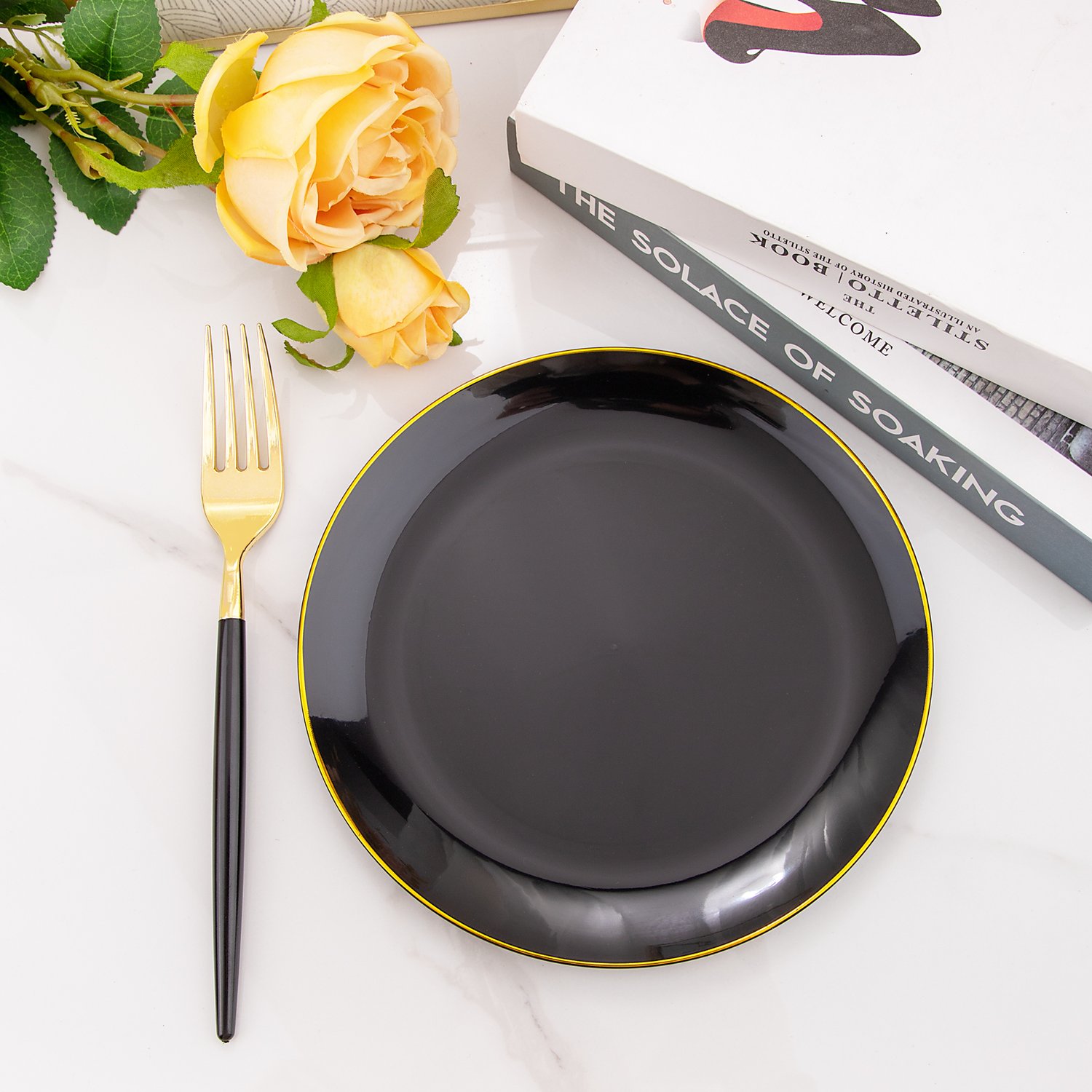 Black & Gold Dessert Plates & Forks Set (144 Pieces) — view 4