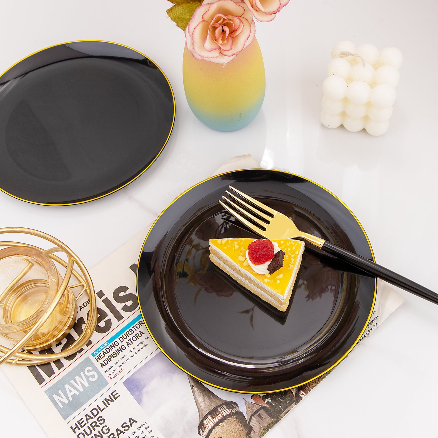 Black & Gold Dessert Plates & Forks Set (144 Pieces) — view 6