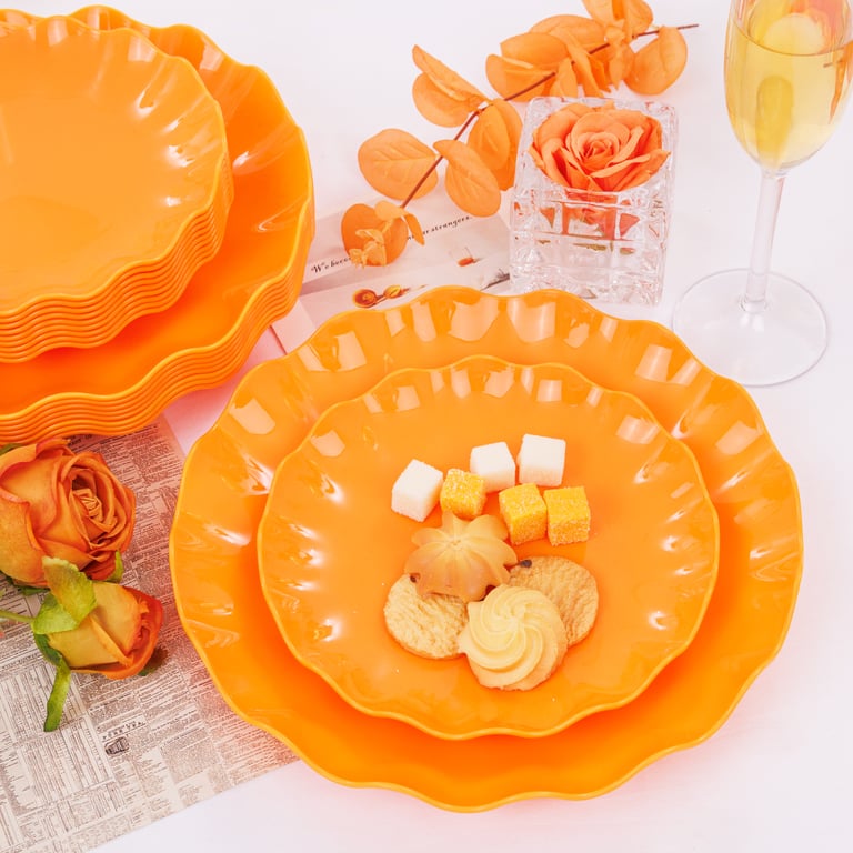 Orange LIYH Scalloped Plastic Plates Reusable Unbreakable Dinner Plates Set — view 10