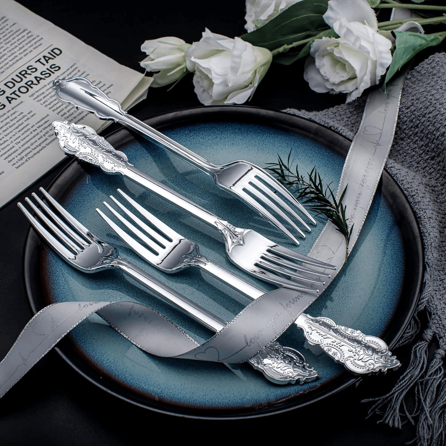 Silver Baroque Plastic Forks (100 Pieces) — view 9