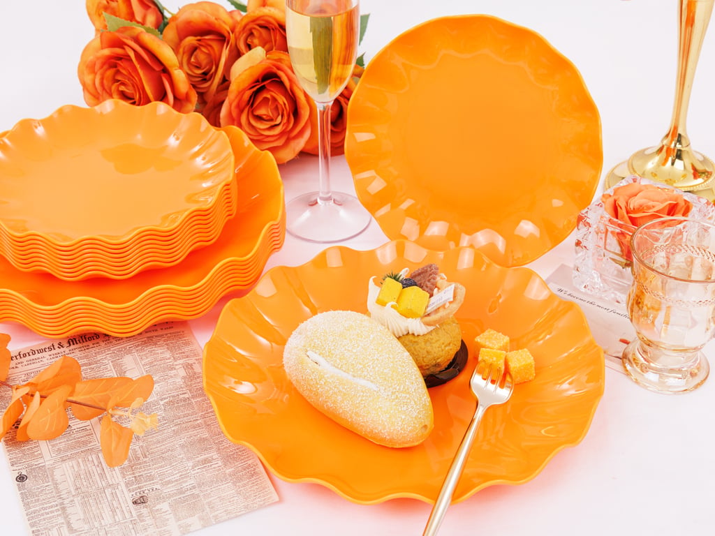Orange LIYH Scalloped Plastic Plates Reusable Unbreakable Dinner Plates Set — view 11