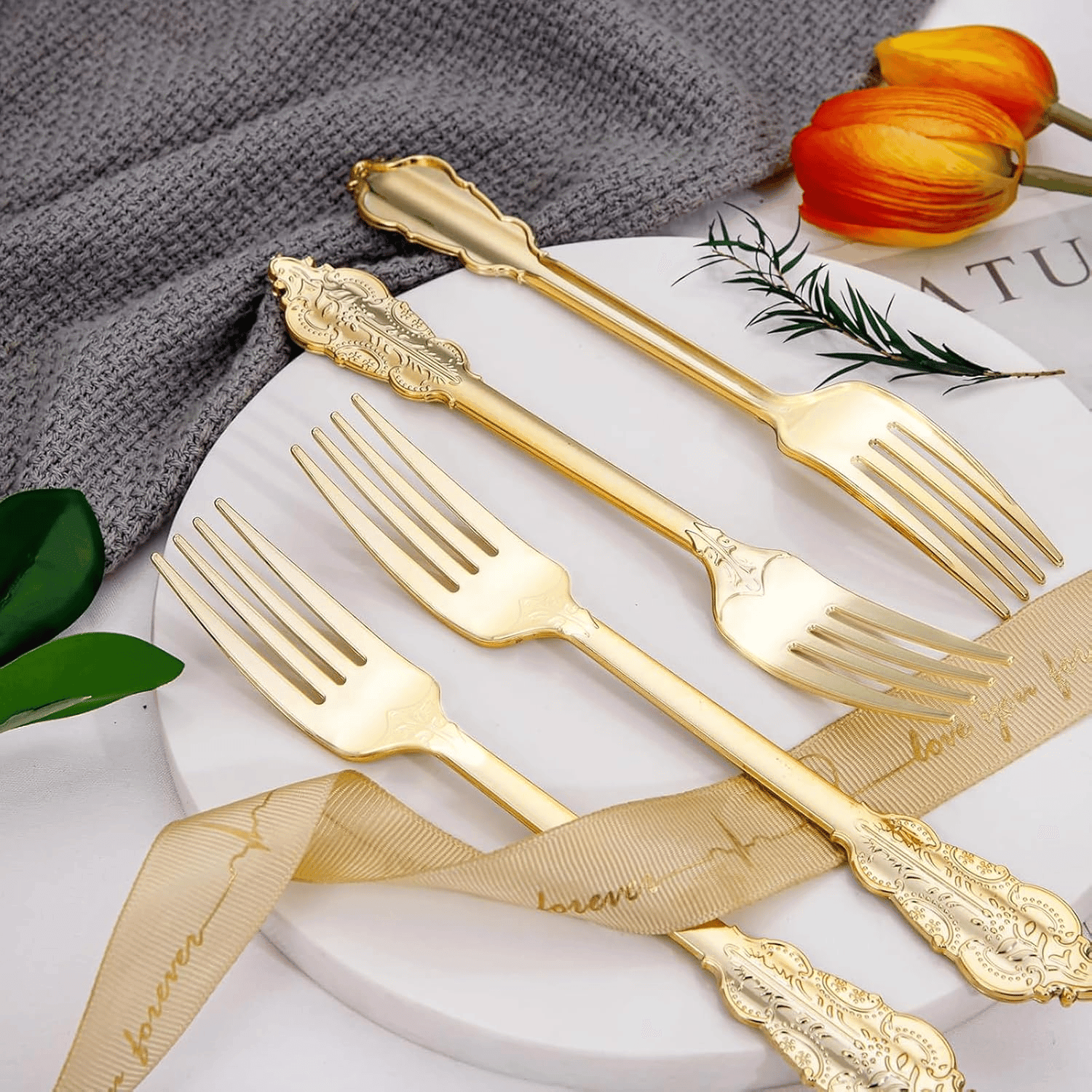 Gold Baroque Plastic Forks (100 Pieces) — view 9
