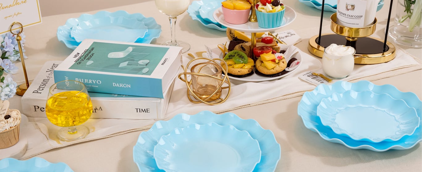 Blue LIYH Scalloped Plastic Plates Reusable Unbreakable Dinner Plates Set — view 6