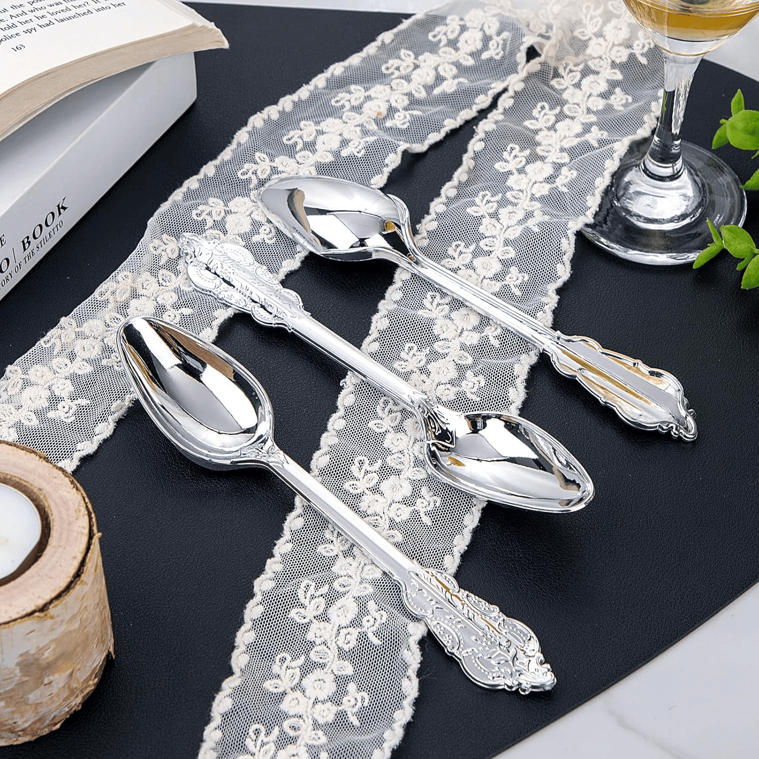 Silver Baroque Plastic Spoons (100 Pieces) — view 9