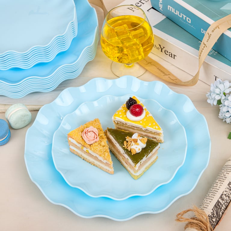 Blue LIYH Scalloped Plastic Plates Reusable Unbreakable Dinner Plates Set — view 7