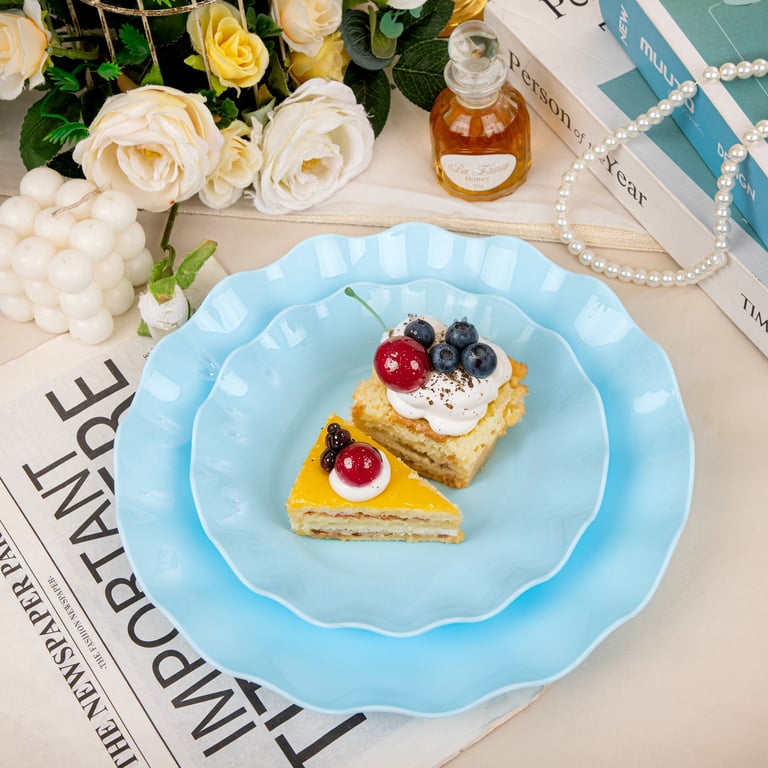 Blue LIYH Scalloped Plastic Plates Reusable Unbreakable Dinner Plates Set — view 8