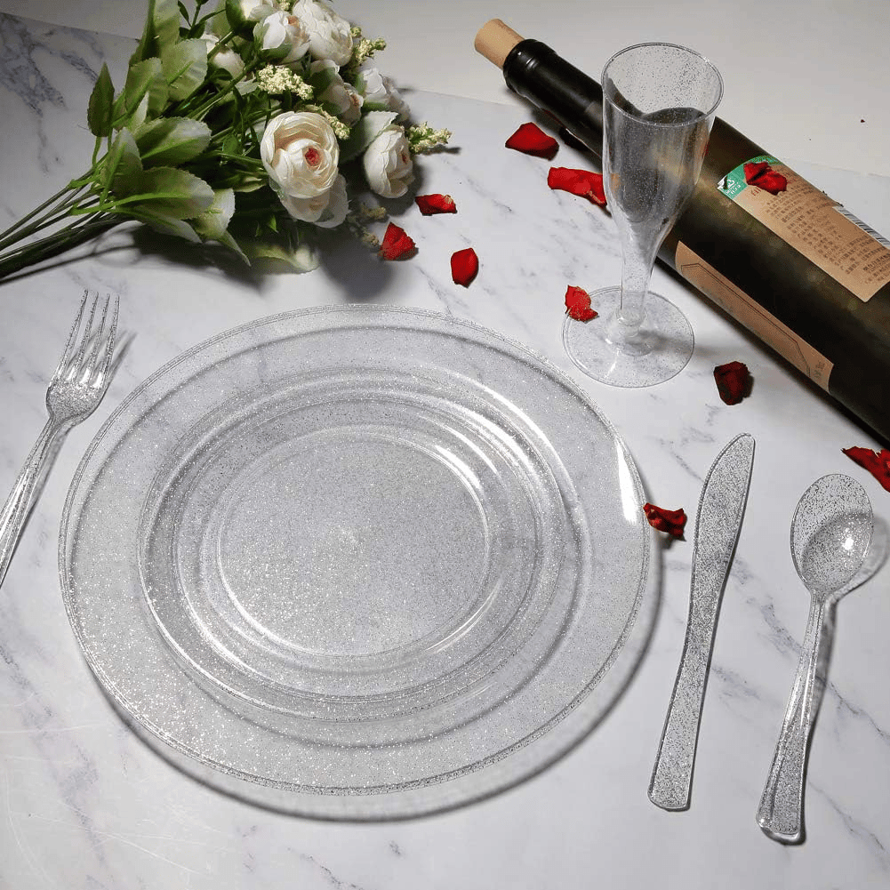 Silver Glitter Dessert Plates & Forks Set (144 Pieces) — view 5