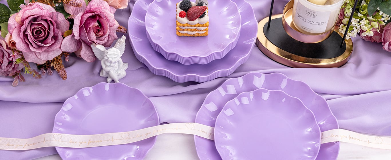 Purple LIYH Scalloped Plastic Plates Reusable Unbreakable Dinner Plates Set — view 6