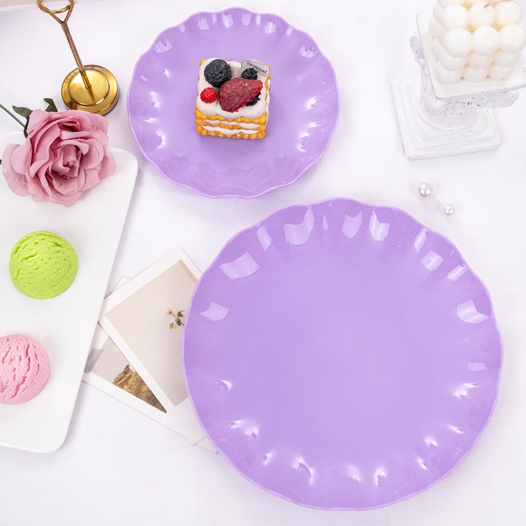 Purple LIYH Scalloped Plastic Plates Reusable Unbreakable Dinner Plates Set — view 7