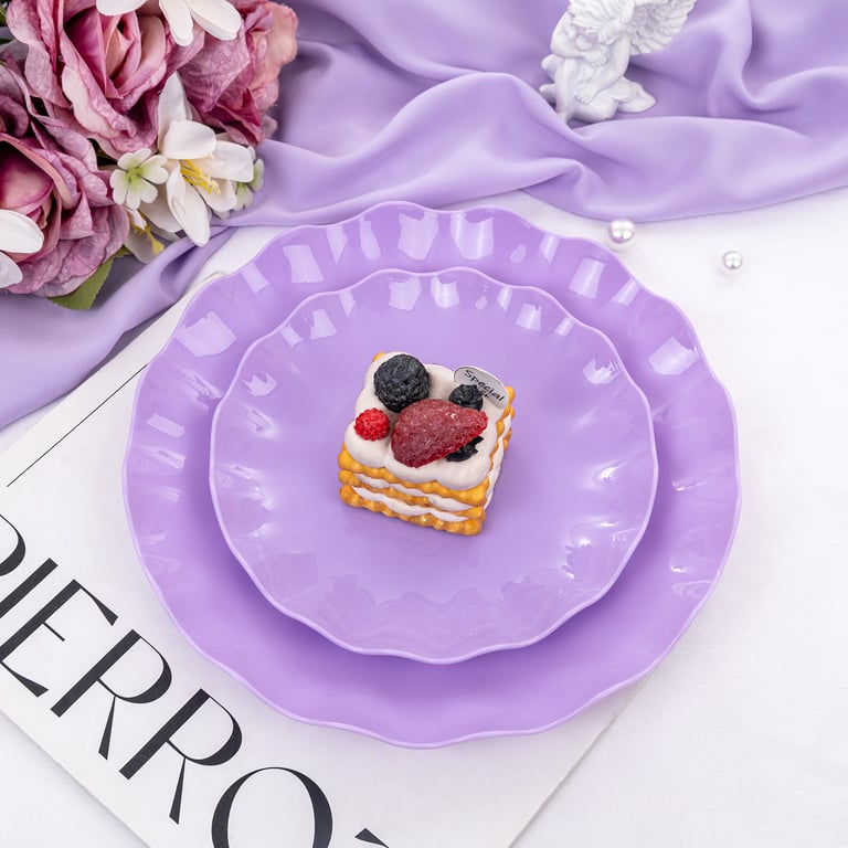 Purple LIYH Scalloped Plastic Plates Reusable Unbreakable Dinner Plates Set — view 8