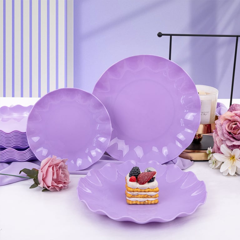 Purple LIYH Scalloped Plastic Plates Reusable Unbreakable Dinner Plates Set — view 9