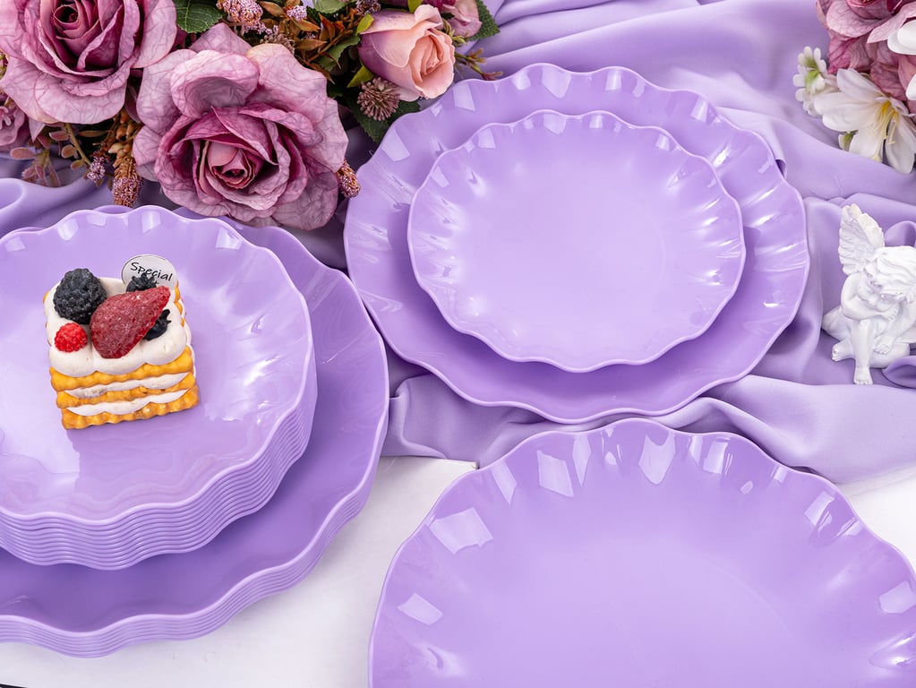 Purple LIYH Scalloped Plastic Plates Reusable Unbreakable Dinner Plates Set — view 11
