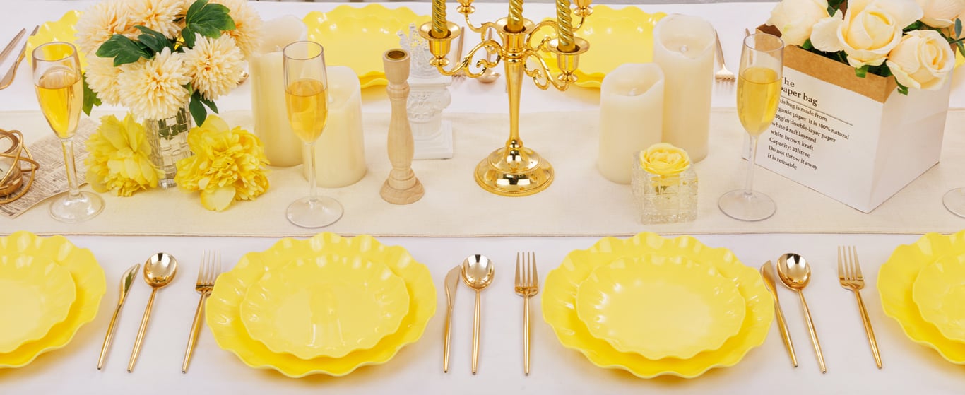 Yellow LIYH Scalloped Plastic Plates Reusable Unbreakable Dinner Plates Set — view 6