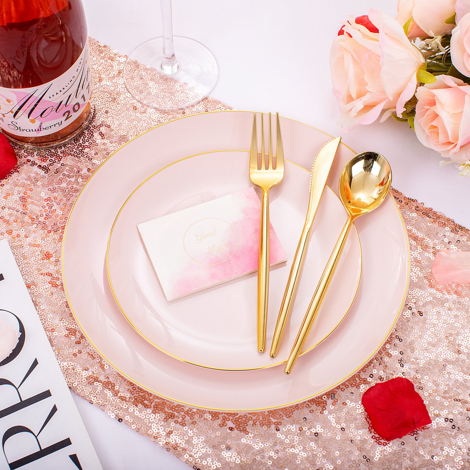 Pink plastic plates and cutlery set — product view 6