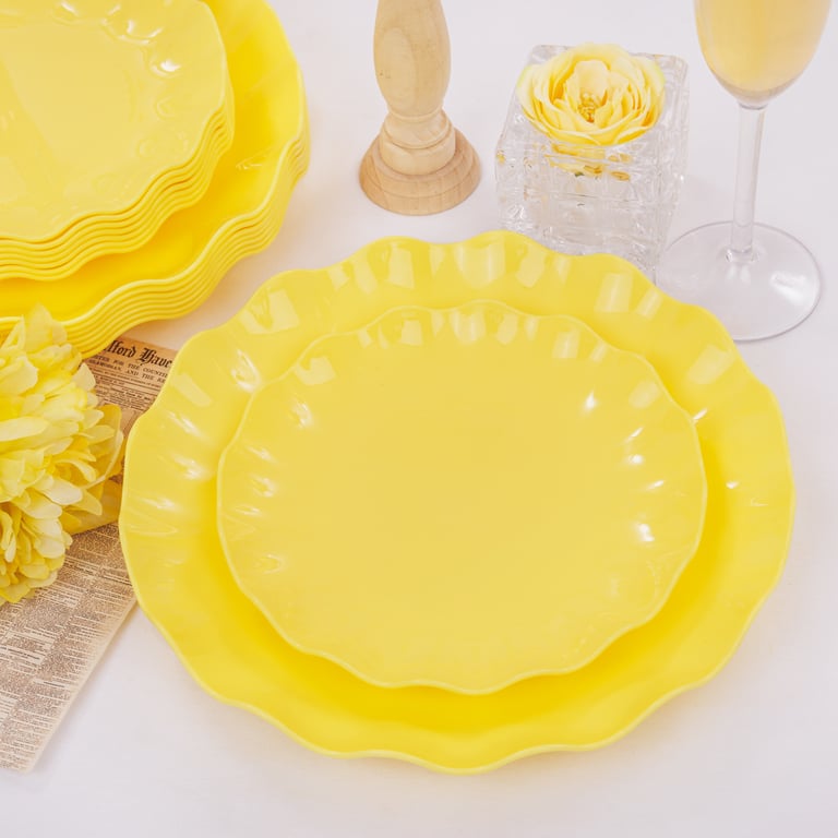 Yellow LIYH Scalloped Plastic Plates Reusable Unbreakable Dinner Plates Set — view 10
