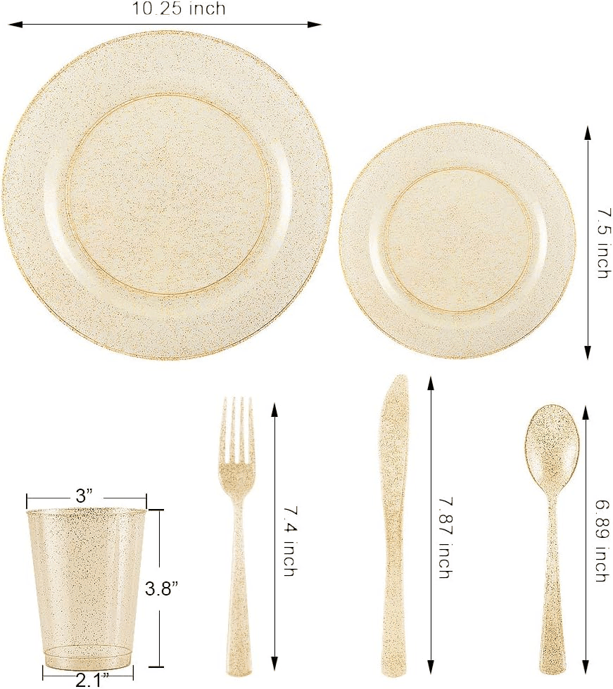 Gold glitter plastic plates and cutlery set — product view 2