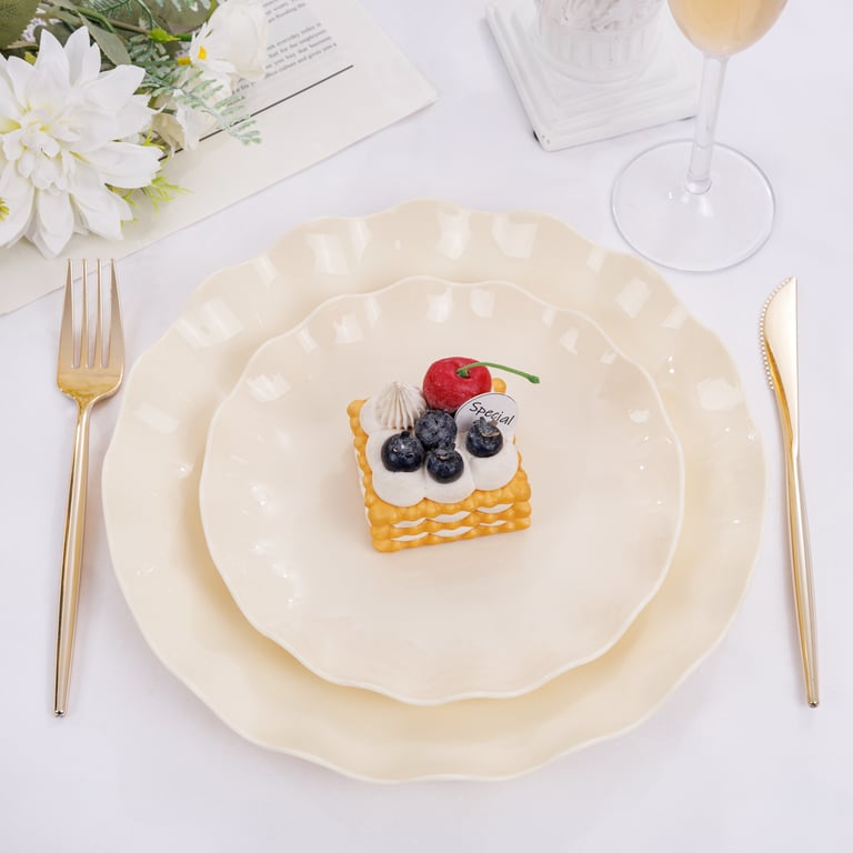 Ivory LIYH Scalloped Plastic Plates Reusable Unbreakable Dinner Plates Set — view 7