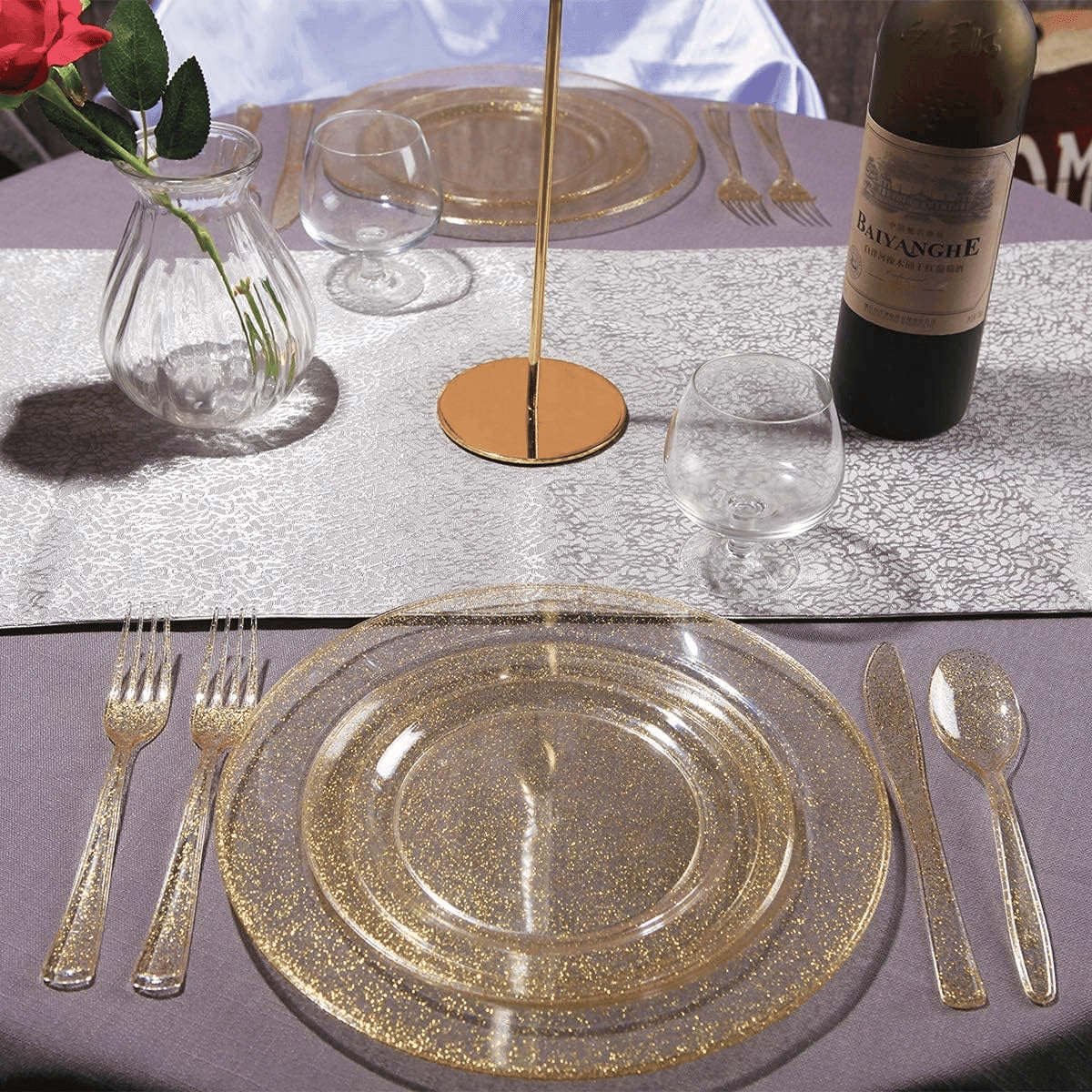 Gold glitter plastic plates and cutlery set — product view 6