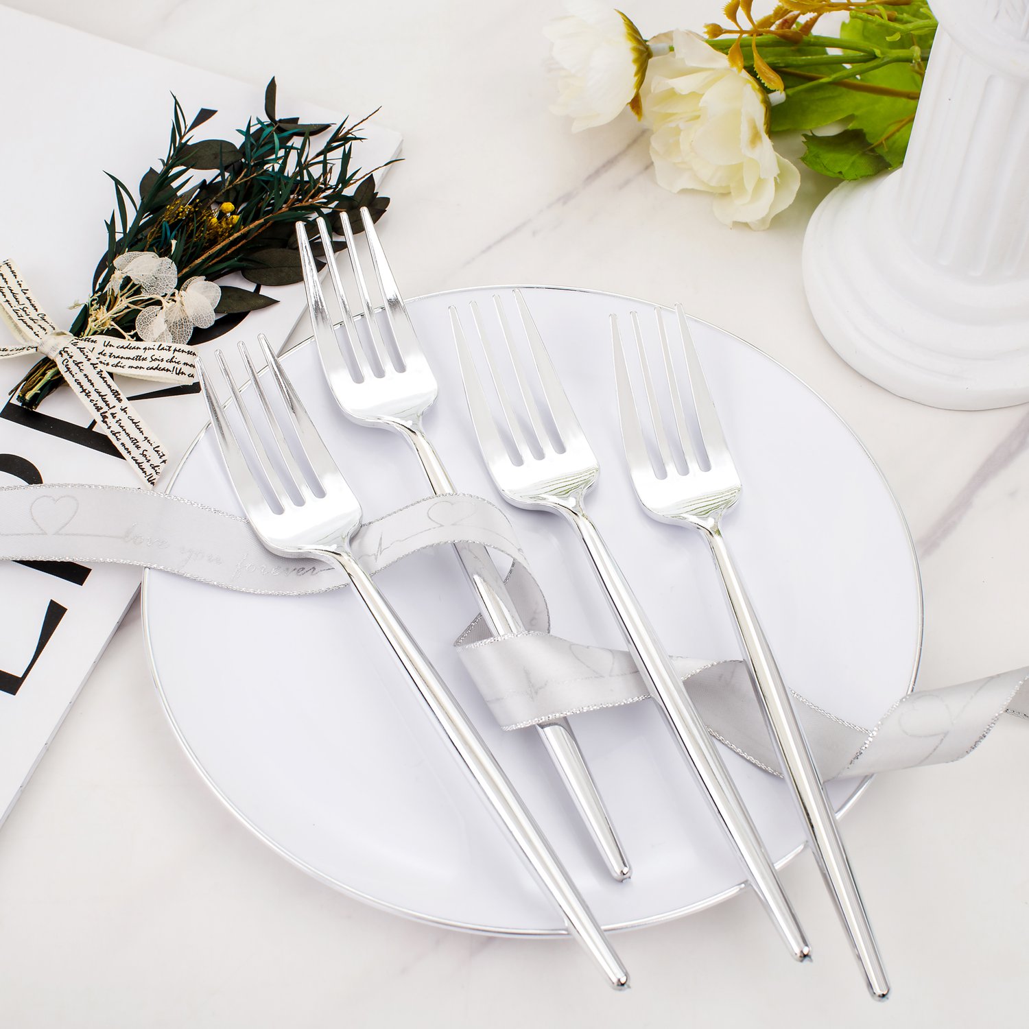 Silver Dessert Plates & Forks Set (200 Pieces) — view 5