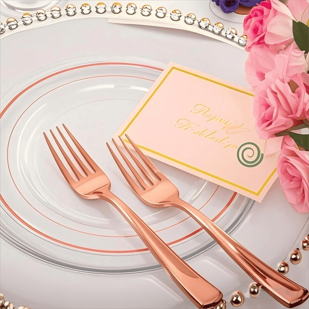 Rose Gold Rim Dessert Plates & Forks Set (144 Pieces) — view 3