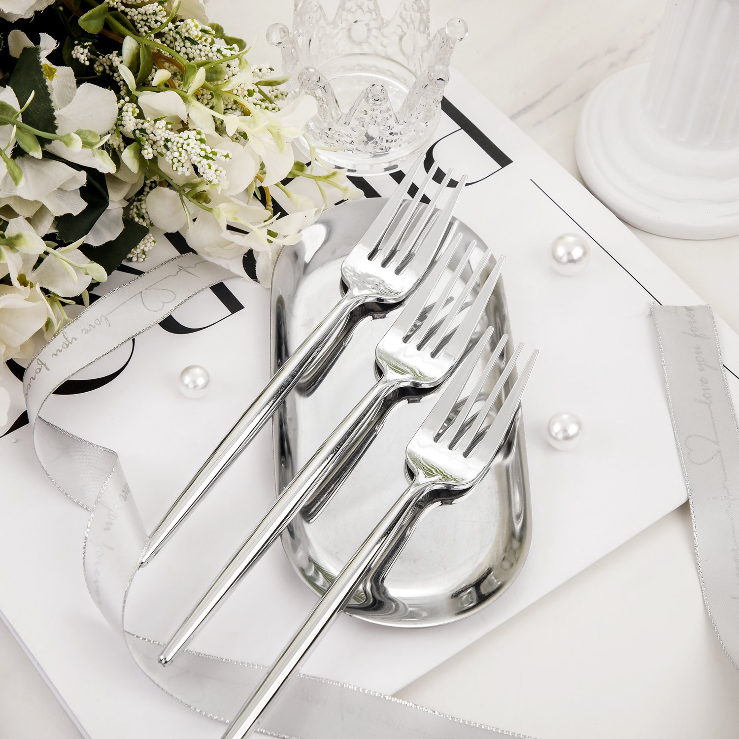 Silver Dessert Plates & Forks Set (200 Pieces) — view 7