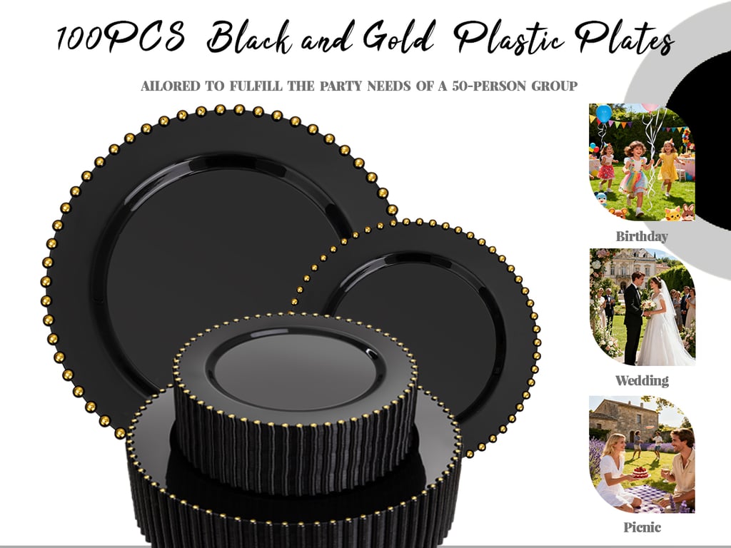 Black And Gold, Black, Gold Plastic Plates,Disposable Plates — view 6