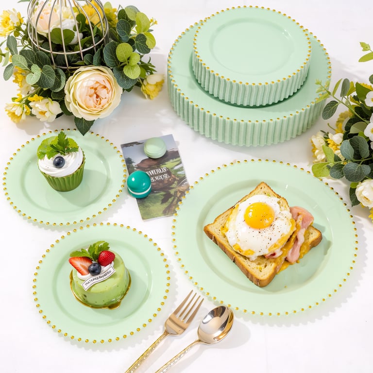 Green, Gold Green Plastic Plates with Bead Design — view 7
