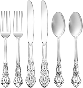 300Pieces Gold Plastic Silverware - Heavy Duty Gold Disposable Utensils - Vintage Plastic Cutlery Set Includes 100 Forks, 100 Spoons, 100 Knives for Dinner Parties Weddings