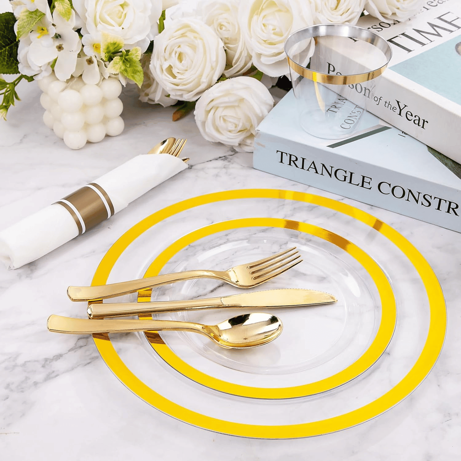 Clear Gold Dark Plastic Plates, Disposable Plates for , Dinnerware Include 50 Dinner Plates 50 Dessert Plates, 50 Cups, 50 Pre Rolled Napkins with Cutlery Set for Party — view 9