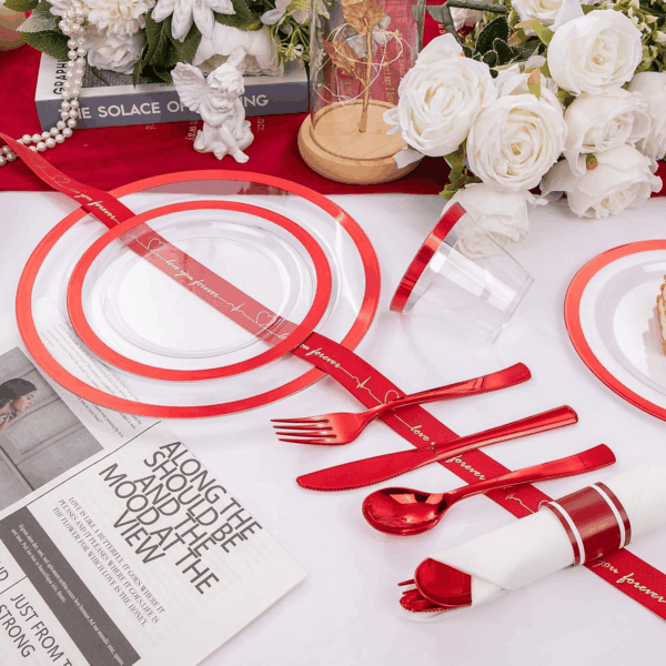 Clear Red Dark Plastic Plates, Disposable Plates for , Dinnerware Include 50 Dinner Plates 50 Dessert Plates, 50 Cups, 50 Pre Rolled Napkins with Cutlery Set for Party — view 8