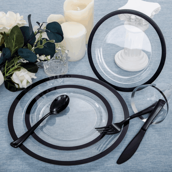 Clear Black Dark Plastic Plates, Disposable Plates for , Dinnerware Include 50 Dinner Plates 50 Dessert Plates, 50 Cups, 50 Pre Rolled Napkins with Cutlery Set for Party — view 8