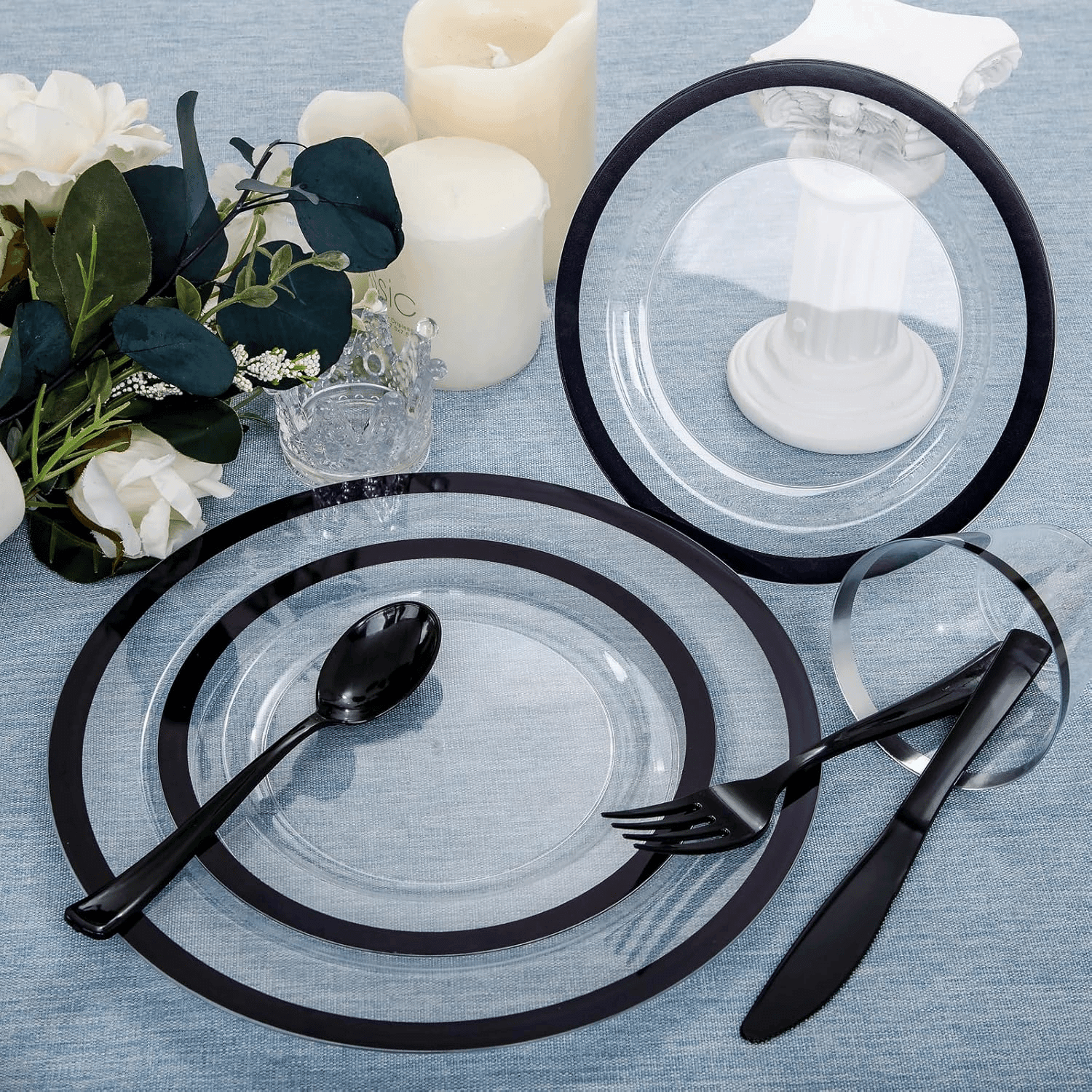 Clear Black Dark Plastic Plates, Disposable Plates for , Dinnerware Include 50 Dinner Plates 50 Dessert Plates, 50 Cups, 50 Pre Rolled Napkins with Cutlery Set for Party — view 8