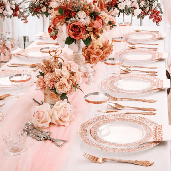 Clear Rose Gold Dark Plastic Plates, Disposable Plates for , Dinnerware Include 50 Dinner Plates 50 Dessert Plates, 50 Cups, 50 Pre Rolled Napkins with Cutlery Set for Party — view 8
