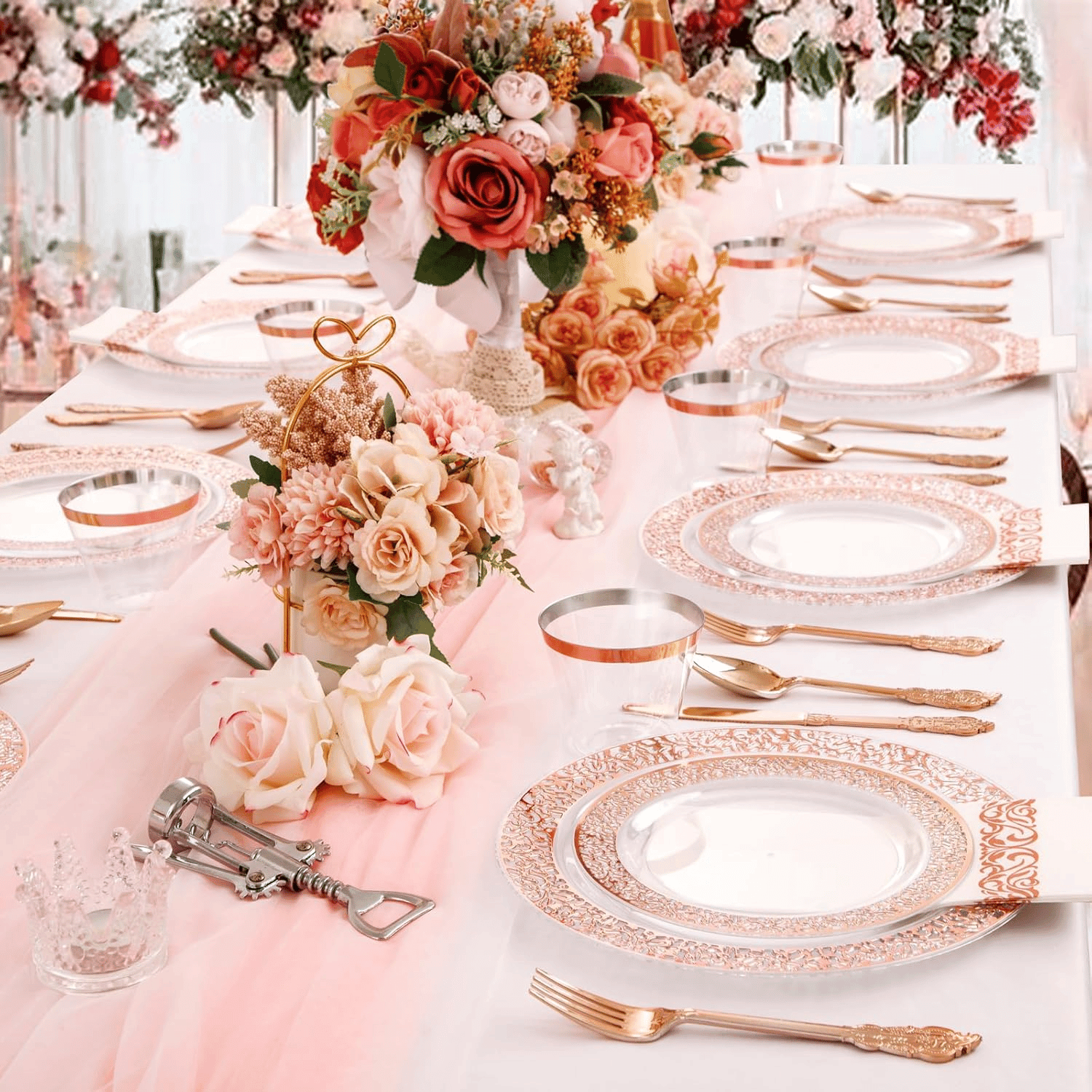 Clear Rose Gold Dark Plastic Plates, Disposable Plates for , Dinnerware Include 50 Dinner Plates 50 Dessert Plates, 50 Cups, 50 Pre Rolled Napkins with Cutlery Set for Party — view 8