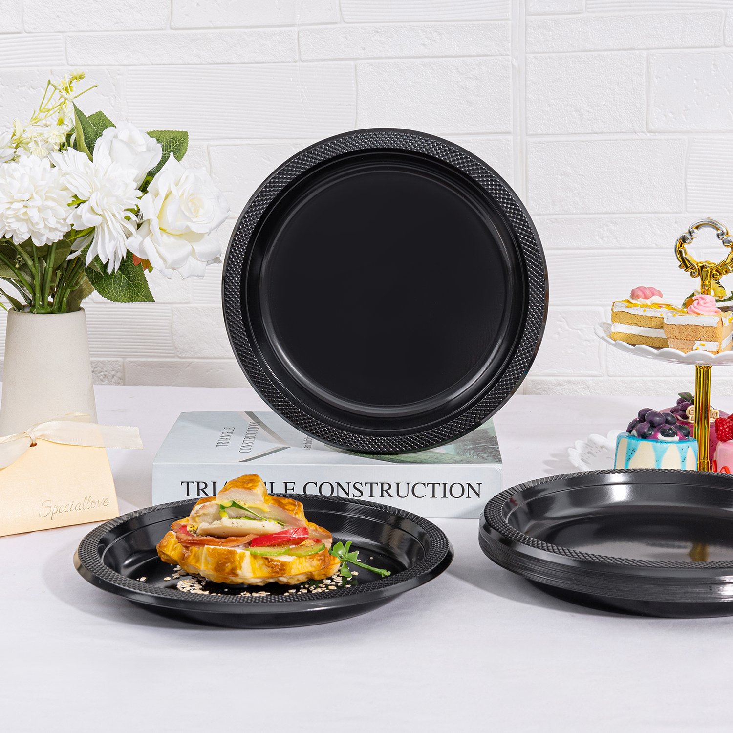 Black 10inch Disposable Dinner Plates for Party (150 Pieces) — view 4