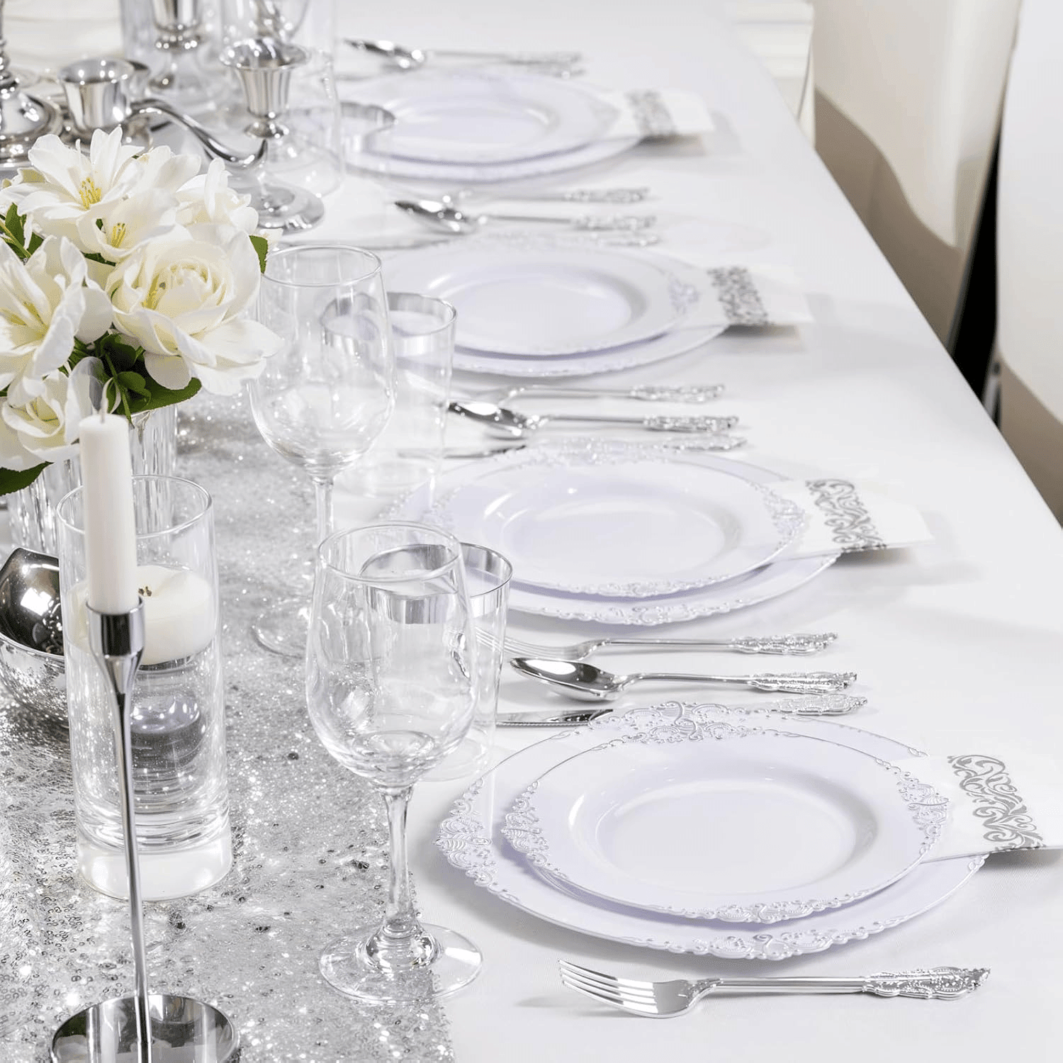 Silver & White Dinnerware Set for 25 Guests — view 9