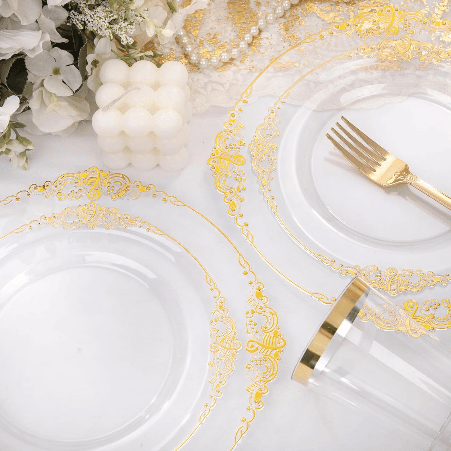 Clear Gold Dinnerware Set for 50 Guests — view 8