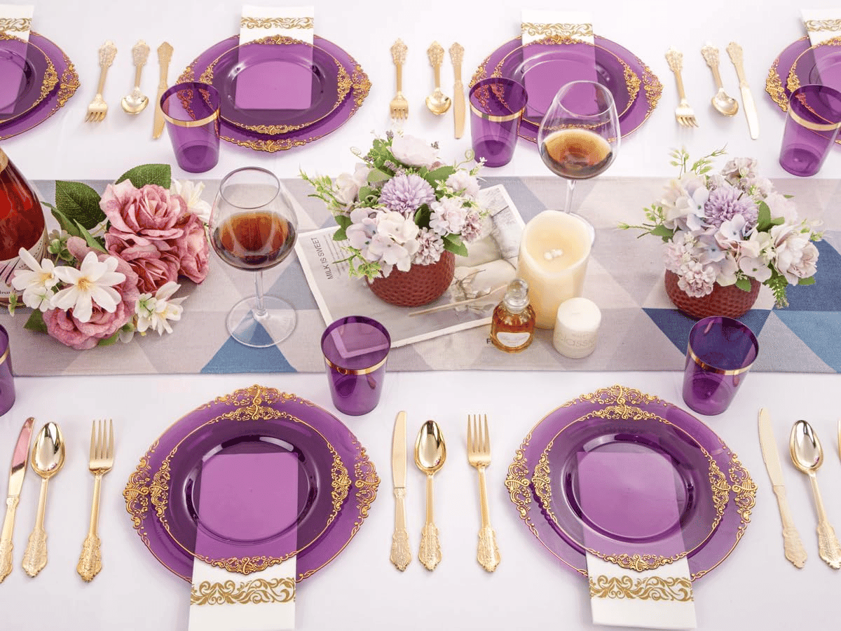 Purple & Gold Dinnerware Set for 50 Guests — view 9