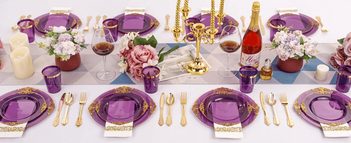 Purple & Gold Dinnerware Set for 50 Guests — view 10