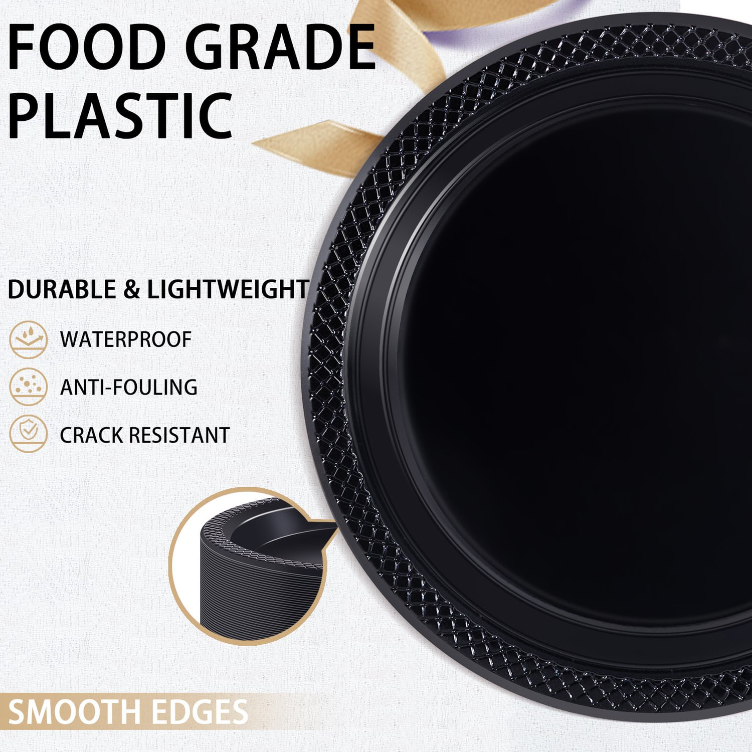 Black 9inch Disposable Dinner Plates for Party (150 Pieces) — view 3