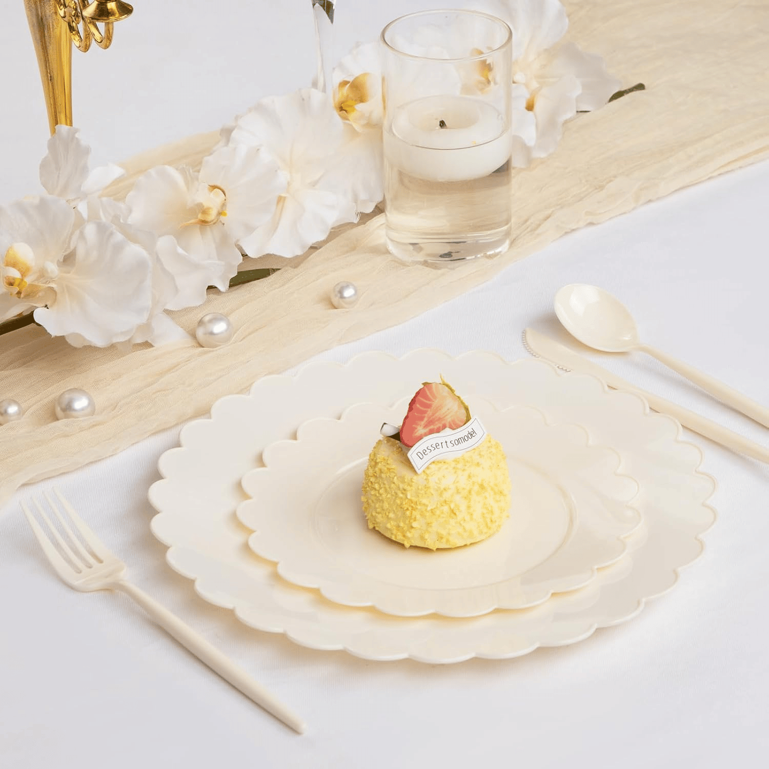 Ivory Scalloped Plastic Plates (Dinner & Dessert) — view 4