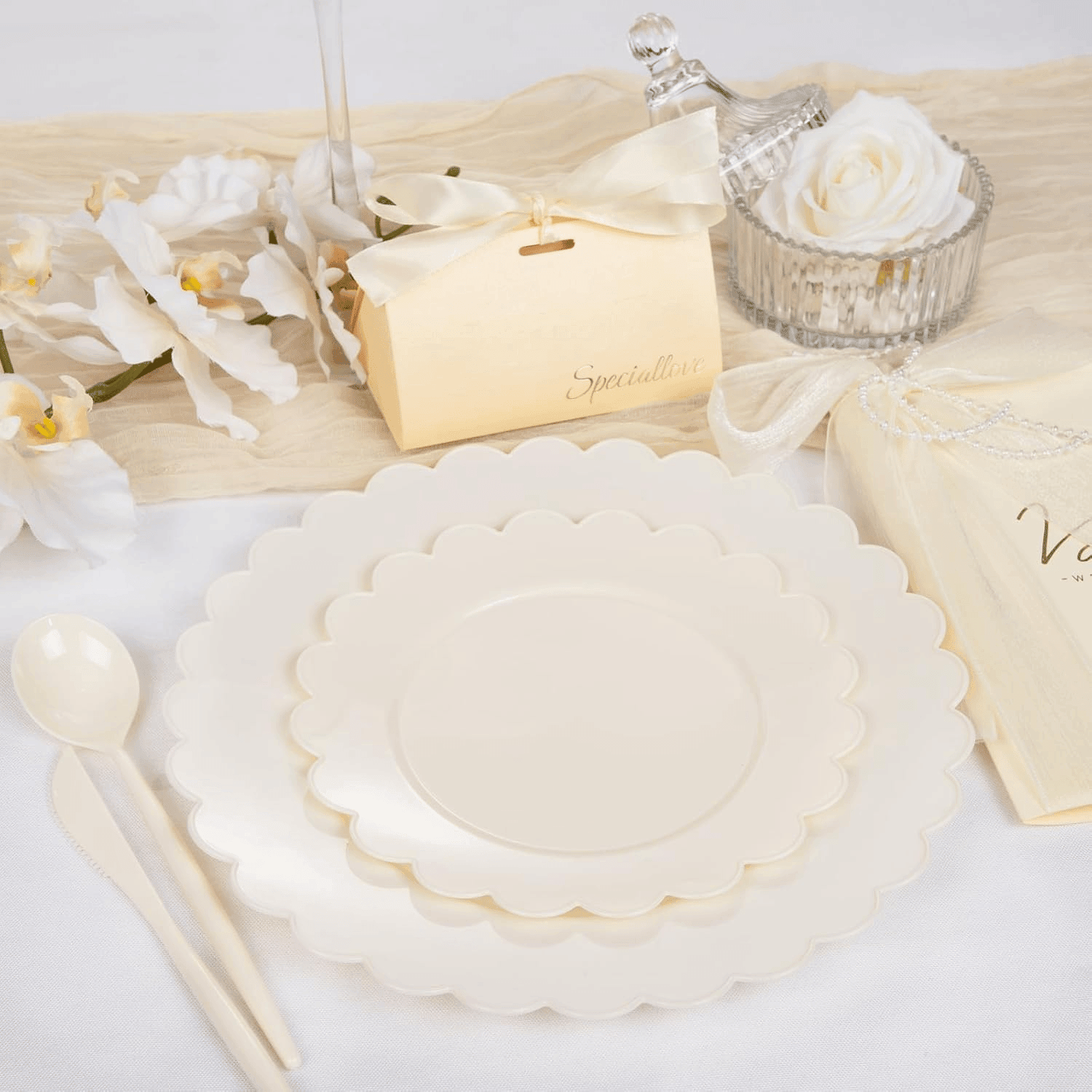 Ivory Scalloped Plastic Plates (Dinner & Dessert) — view 5