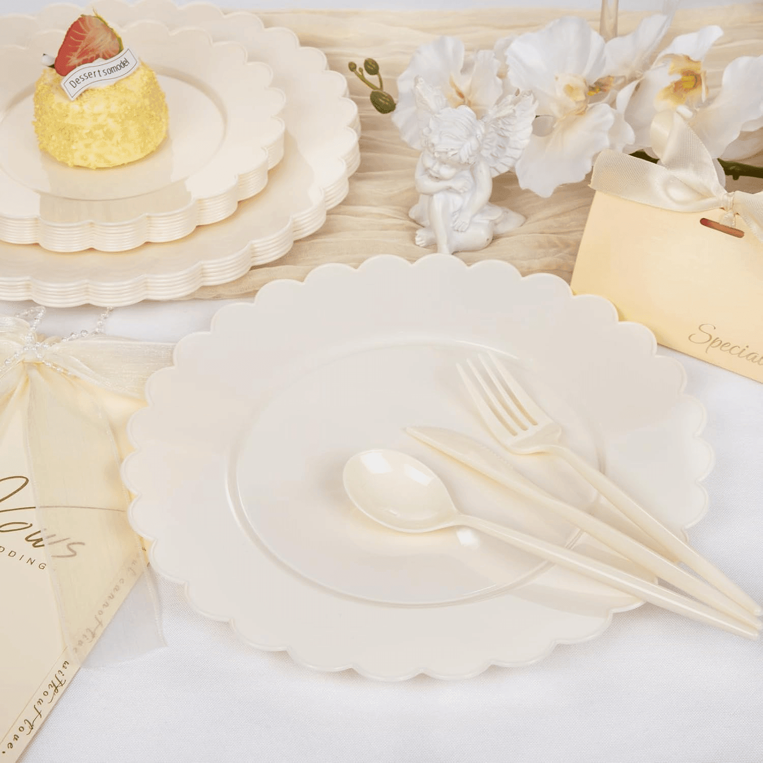 Ivory Scalloped Plastic Plates (Dinner & Dessert) — view 6