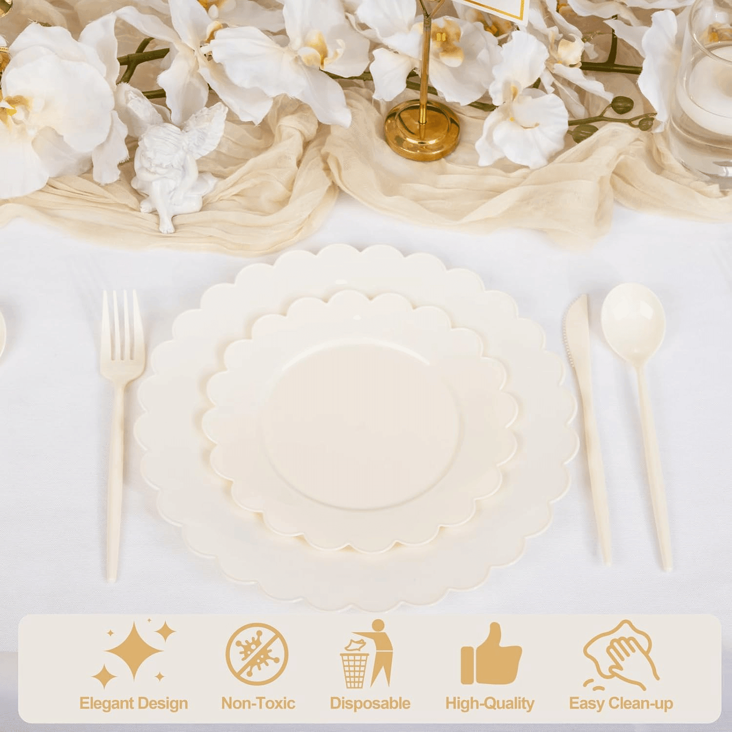 Ivory Scalloped Plastic Plates (Dinner & Dessert) — view 9